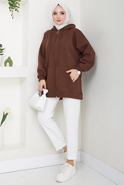 hafsamina 3 Thread Hooded Zippered Brown Sweatshirt - Hm2648