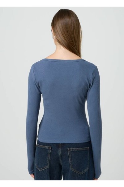 Rooted Women's Dark Blue Long Sleeve, Deep Pool Neck Blouse, Ribbed Camisole Fabric