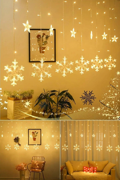 Canderel Kar Tanesi Yıldızlı Perde 120 Led, 3×2 metre Gün Işığı Led Işık Fişl...