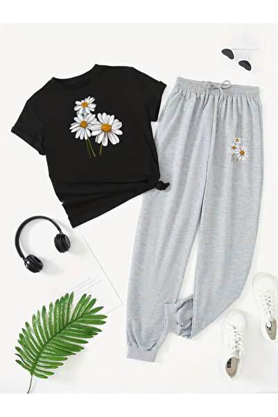 Frisson Με φλοράλ μοτίβο Γκρι και λευκό καλοκαιρινό γυναικείο σετ - Λινό παντ...