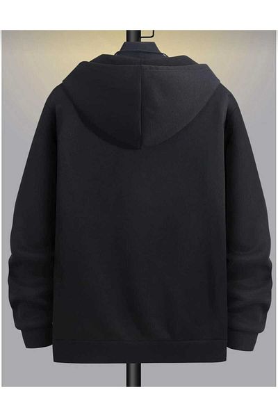 BUY CENTER Black Printed Oversize Cardigan Sweatshirt - Thick Hood and Horn Zip