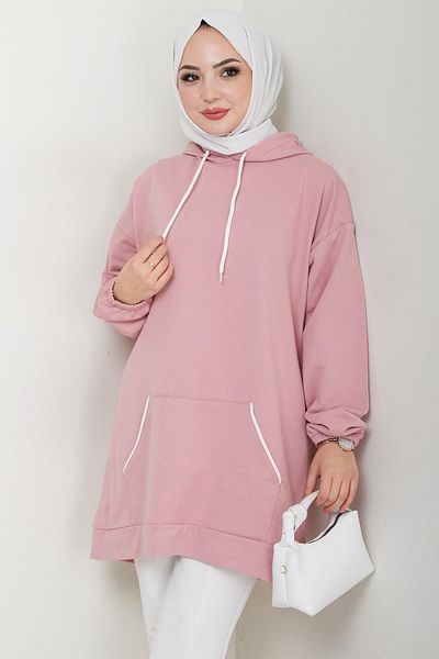 hafsamina Pink Hooded Piping Detailed Kangaroo Pocket Sweatshirt Tunic - Hm2645
