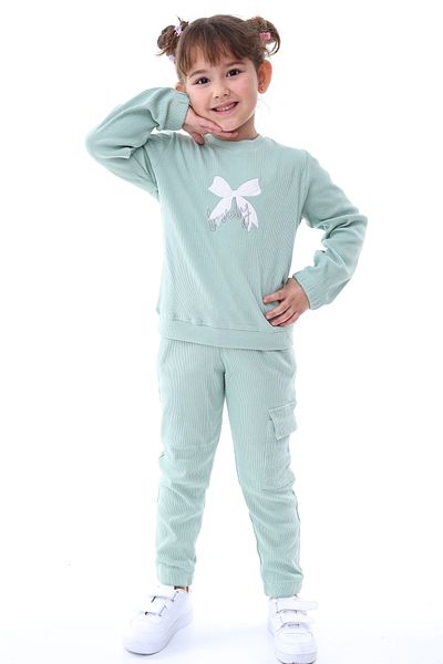 ZUZUNGA Camisole Bow Embroidered Cargo Pocket Detailed Girls' Set Water Green Age 3-8