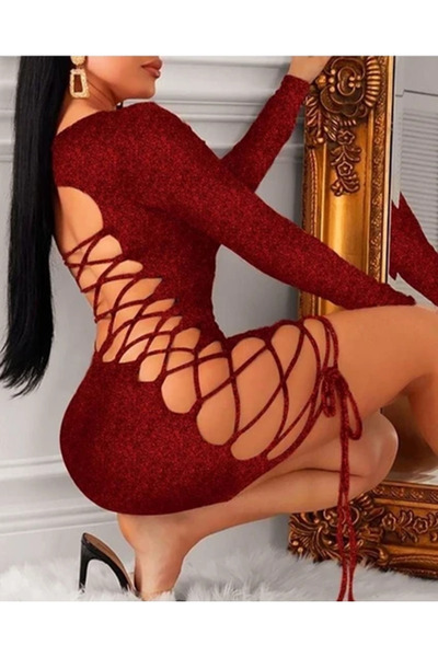 Rosy Live in style Piros csillogó hátsó és oldalsó kereszt nyakkendős ruha