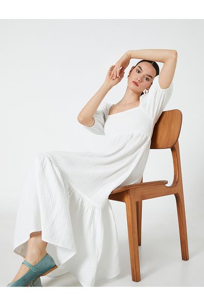 Koton Tiered Long Dress Elastic Square Neck