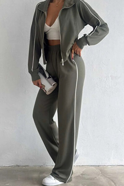 Swana Set de trening din țesătură modal cu fermoar dublu și țevi-kaki