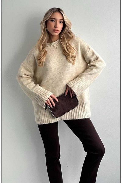 yeditepe fashion Burgundy Crew Neck Oversize Knitwear Women's Sweater