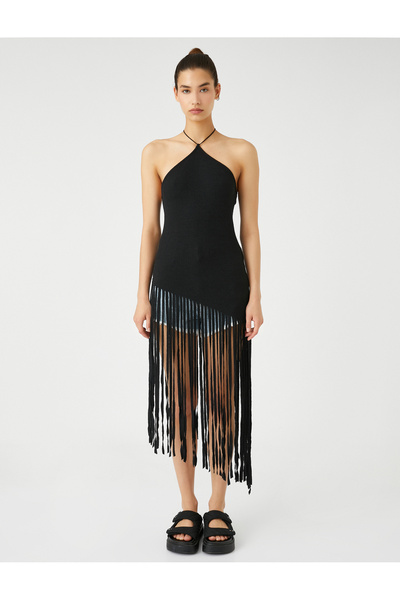 Koton Halter Neck Blouse Tassels Asymmetrical Cutout Ribbed