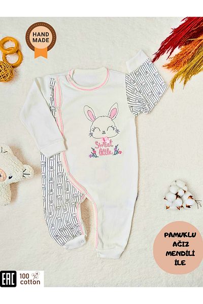Tomuycuk 100% Cotton Newborn Baby Girl Romper - White Rabbit Embroidery Long Sleeve Romper