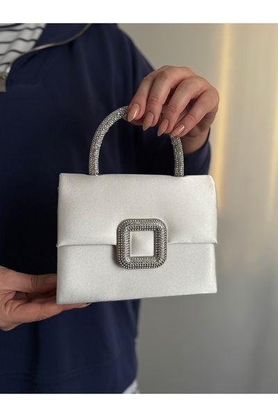 Molie Geantă de seară din satin alb pentru femei – Cataramă de cristal – Curea lungă cu lanț GEANTĂ DE MIREASĂ/DE NUNTĂ