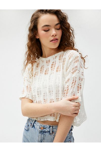 Koton Crop T-Shirt Prolamované krátký rukáv Crew Neck