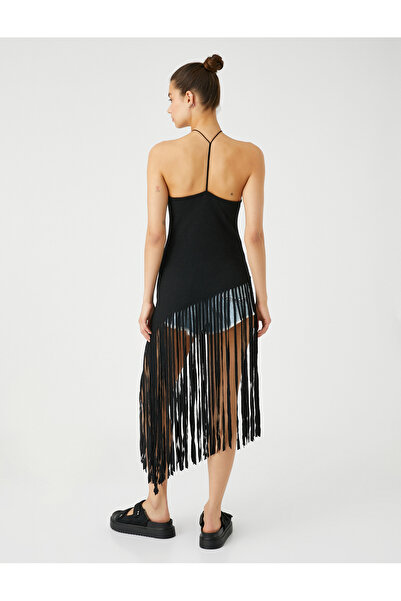 Koton Halter Neck Blouse Tassels Asymmetrical Cutout Ribbed