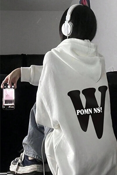 Wish BF Hanorac alb cu guler cu glugă cu imprimeu unisex W cu pompon