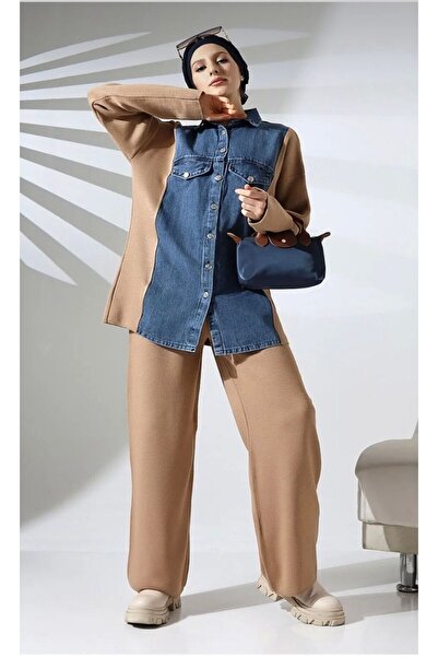 Elegant Buttoned Denim Detailed Knitwear Set