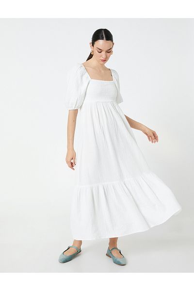 Koton Tiered Long Dress Elastic Square Neck