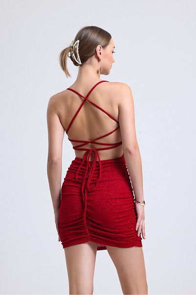 Rosy Live in style Rochie de absolvire cu sclipici roșii cu cravată încrucișată pe spate