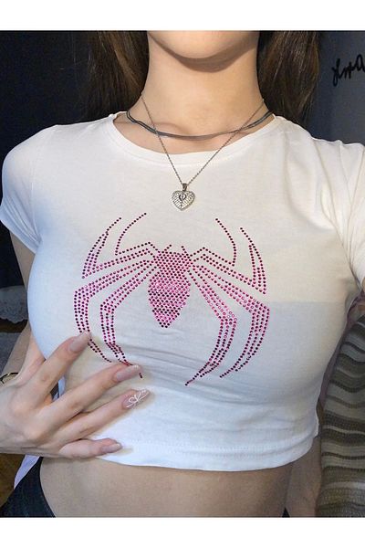 1blood Γυναικείο Crop Body White Pink Glitter Stone Spider Spiderman
