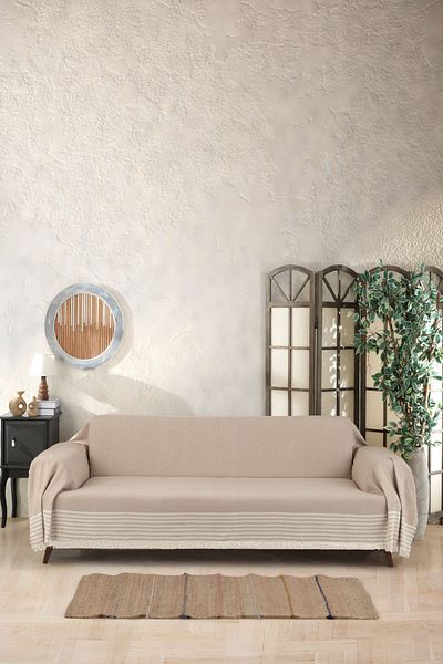 Miracolo Home غطاء أريكة وسرير أريكة بيج 3 متر من القطن الناعم غير القابل للانزلاق، أذرع محبوكة مع هامش أمامي
