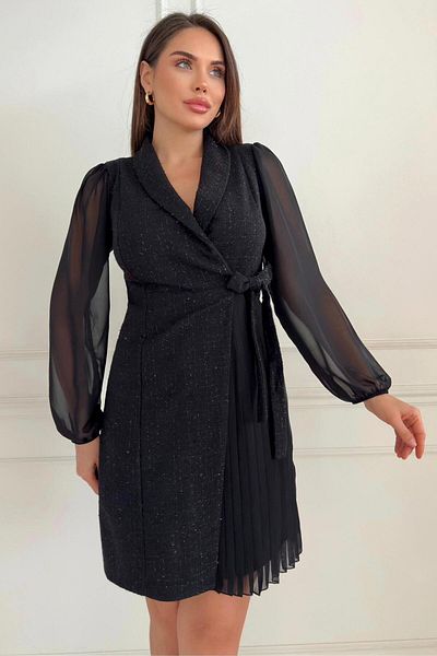 ZISHAN Jachetă, guler, cravată în față, detaliu, tweed, țesătură Chanel, șifon, mâneci, rochie pentru femei 030