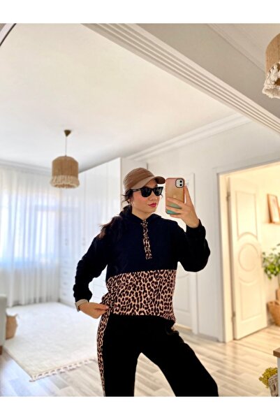 goopall eyesof Γυναικείο μακρυμάνικο λεοπάρ λεπτομέρεια ιδρώτα και πλαϊνή λεοπάρ λωρίδα λεπτομέρεια παντελόνι διπλό κοστούμι