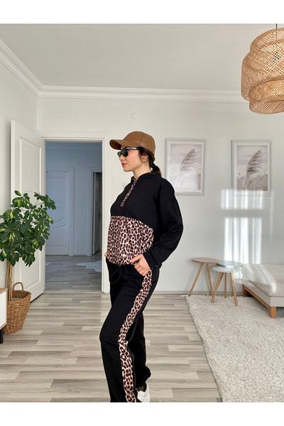 Viyamo Set de două pantaloni pentru femei, cu mânecă lungă, cu detaliu leopard și cu dungi laterale