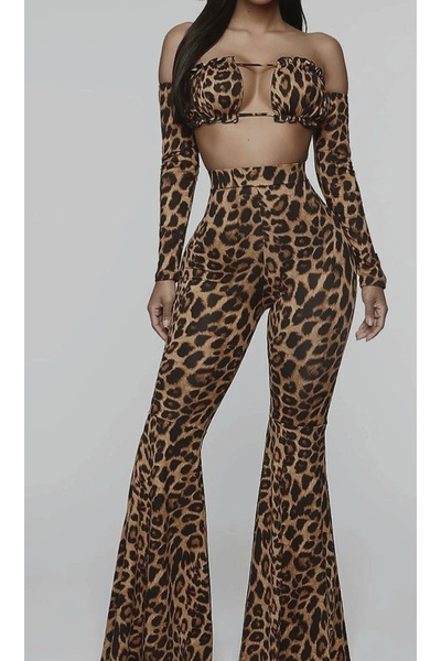 Rosy Live in style High Waist Leopard Print Strapless Crop Set - Spanish Paca Leggings