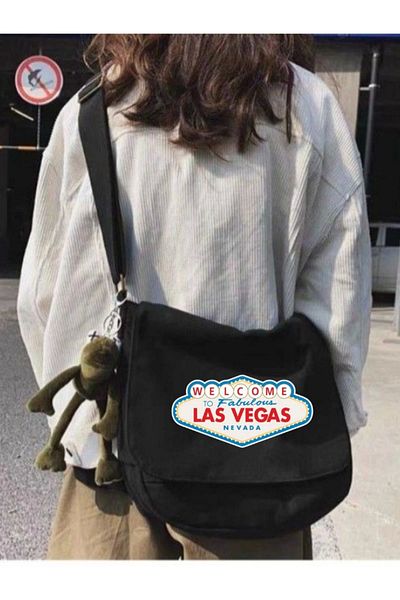 1blood Geantă Messenger unisex neagră, imprimată Las Vegas, cu curea