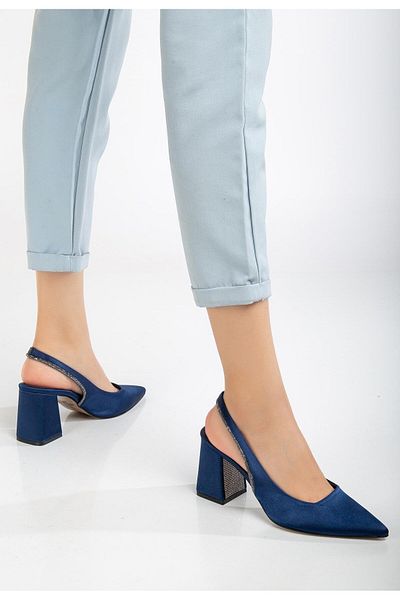 Dilimler Ayakkabı Satin Heel Stoned Navy Blue Large Size Women's Shoes Heeled Evening Dress