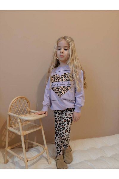 YİGİT BUTİK Yigit Boutique Leopard Heart Printed Leggings Girl's Bottom Top Set