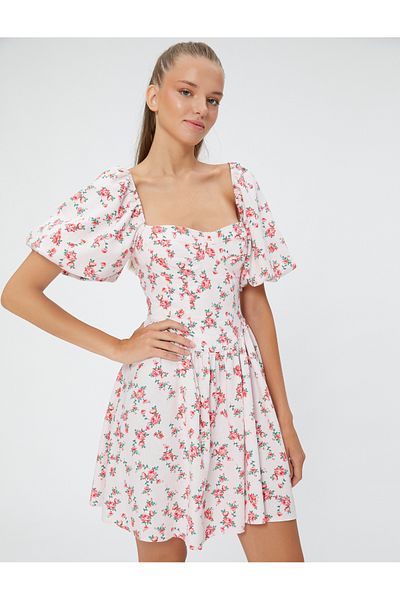 Koton Μίνι λινό φόρεμα Floral κοντό μπαλόνι μανίκια Sweetheart λαιμόκοψη