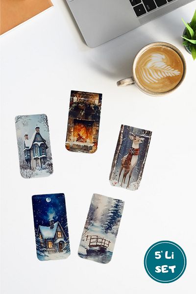 Burak Baskı Tasarım Cadou Carnet de Anul Nou - Set de 5 semne de carte magnetice cu magnet de iarnă, pădure de zăpadă, natură