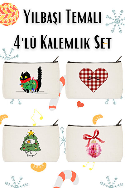 designedfy Yılbaşı Temalı 4'lü Makyaj Çantası, Kalemlik Seti