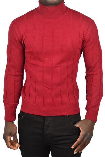 DeepSEA Men's Burgundy Slim Fit Lycra Full Turtleneck Striped High Top Sweater 2505504