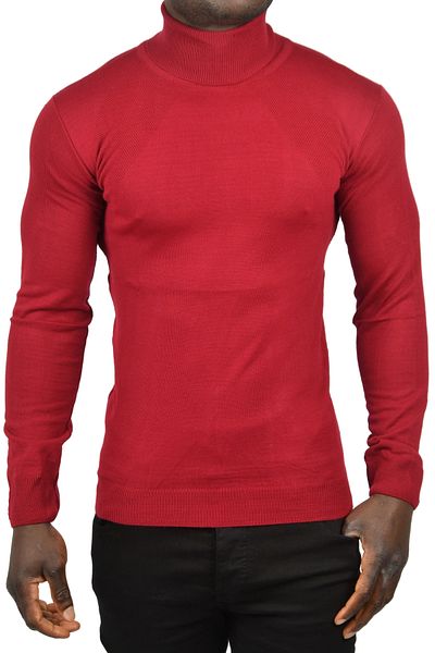 DeepSEA Men's Burgundy Full Turtleneck Sides Patterned Slim Fit Turtleneck Knitwear Sweater 2505495