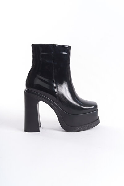 Shoesers Kadın Özel Tasarım Yüksek Platform Topuklu Küt Burun Siyah Rugan Fermuarlı Bot
