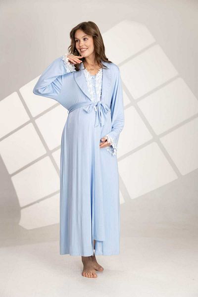 CT MODA Set de pijamale pentru maternitate, 100% bumbac, cu design albastru, lungime întreagă