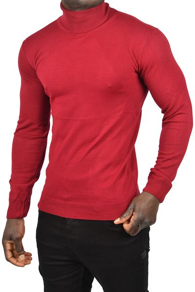 DeepSEA Men's Burgundy Full Turtleneck Sides Patterned Slim Fit Turtleneck Knitwear Sweater 2505495