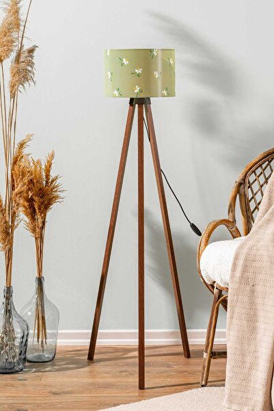 woodhub Yeşil Papatya Silindir Başlık Ahşap Üç Ayaklı Lambader