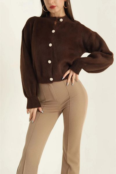 Vaveyla Yumoş Bearded Thread Balloon Sleeve Button Knitwear Cardigan