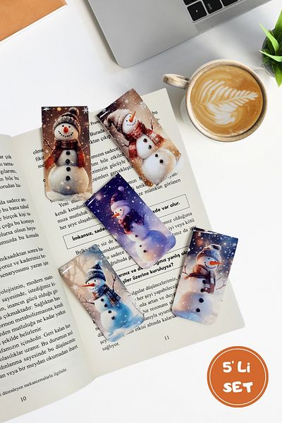 Burak Baskı Tasarım Om de zăpadă de iarnă - Set de 5 semne de carte cu magnet natural / Cadou de carte de zăpadă de Anul Nou