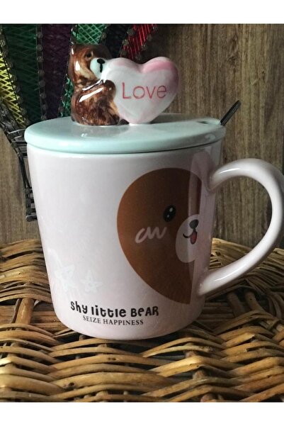Kalpli Ayıcık Figür Kapaklı  Çay Kahve Seramik Kupa Bardak