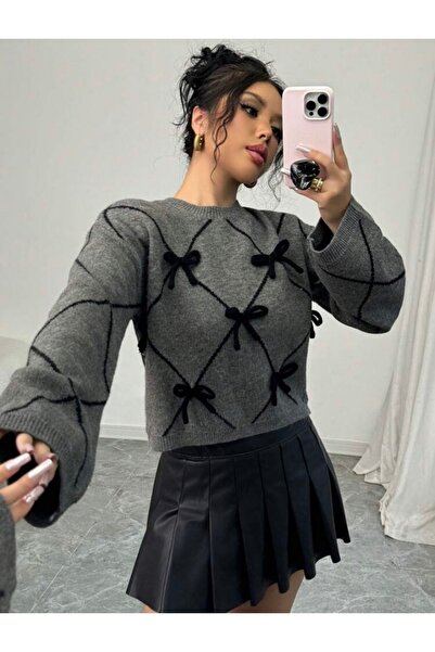 dgs dagıstanlı Pulover din tricotaje gri închis cu model cu fundă