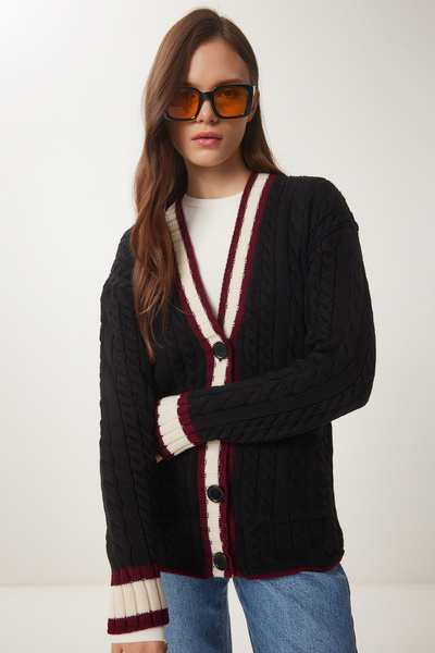 Lovelyİstanbul Black Contrast Color Pletený svetr Cardigan - Lyy0084