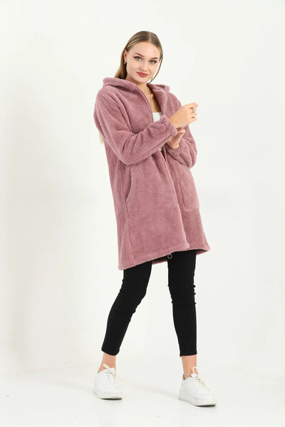 memetti m şekil Women's Zippered Hooded Soft Plush Sweatshirt Cardigan