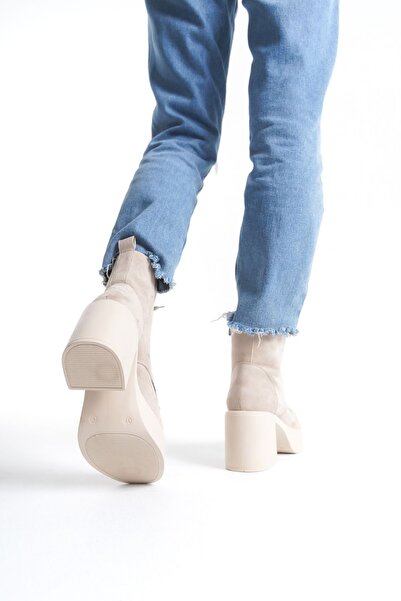 Limeo Yandan Fermuarlı Bağcıklı Yüksek Kalın Topuklu Kadın Bej Uzun Bot