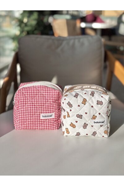 Batekso 2-Piece Teddy Bear Heart and Red Square Patterned Makeup Bag - Small ...