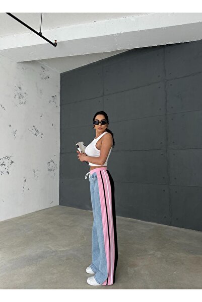 Zeo Basic PŘEDNÍ LEDOVĚ MODRÉ DŽÍNY ZADNÍ 3 PŘÍZENÉ BAGGY KALHOTY S RŮŽOVÝMI STUŽKAMI NA BOCÍCH ELASTICKÝM PASU