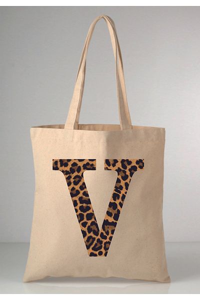 MODA Leopard Print V Letter Printed Raw Cloth 35X40 Ecru Shoulder Bag