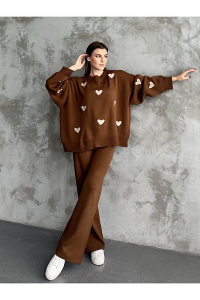 Piano Black Women's Heart Knitwear Pullover Trousers Double Set