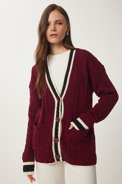 Lovelyİstanbul Claret Red Knitwear Cardigan - Contrast Color, Braided Design Lyy0084